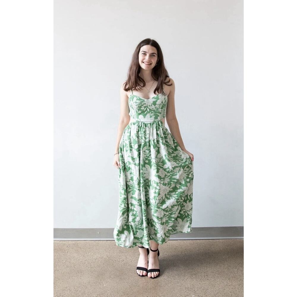 American Eagle Outfitters Maxi Dress Cut Out Cotton Linen Green Floral Strappy
